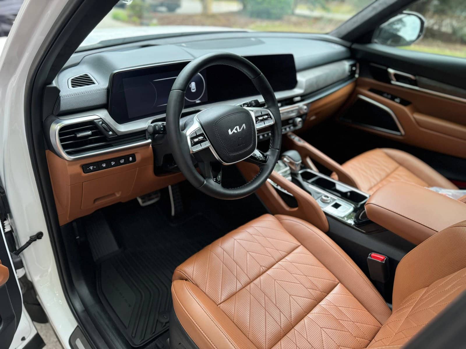 Kia Telluride tan leather cabin after an interior deep clean